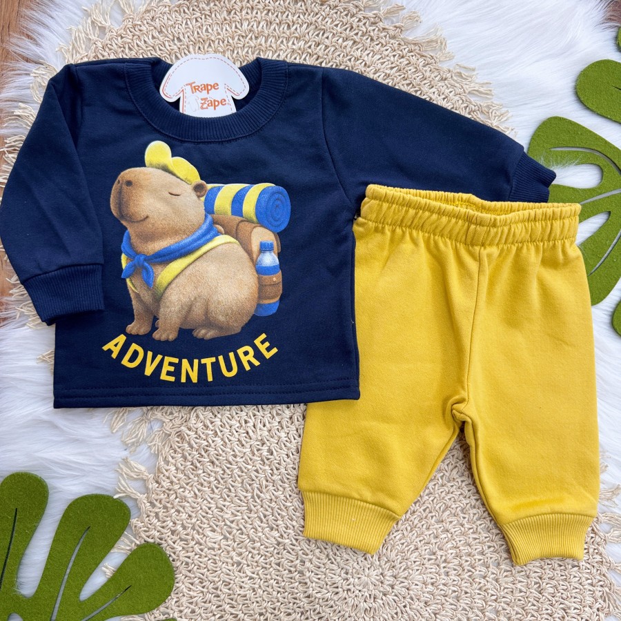 Conj. Casaco Capivara Adventure e Calça de Moletom - Marinho e Mostarda